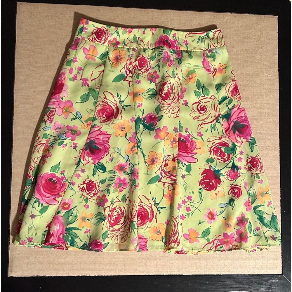 Vintage Y2K Worthington Floral Mini Skirt Lime Green Pink Rose Sz 6 Fairycore